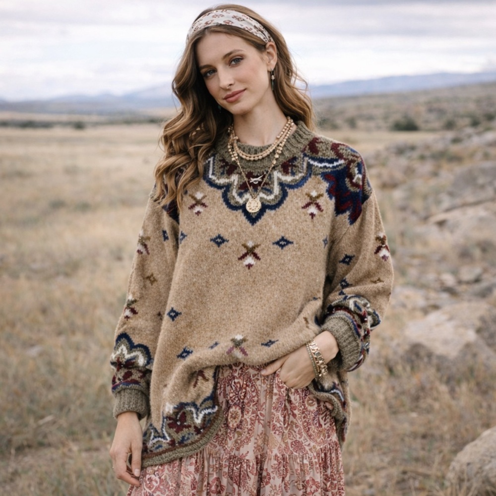 Vintage 90s Boho Western Gypsy Roll Neck Silk Blend Tan Blue‎ Sweater Large